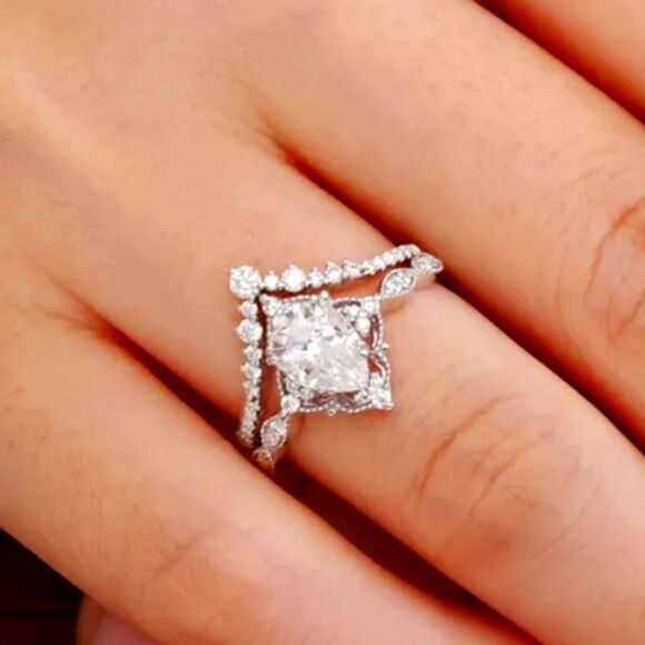 925 Sterling Silver 2 piece Women's Pear  Moissanite Engagement and Wedding Ring - Picture 3 of 4